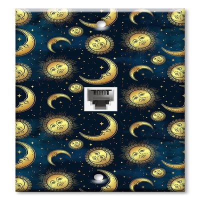 Art Plates - One Port RJ11 - Telephone decorative printed keystone style wall plate. CAT3 - RJ12 Female to Female phone jack. Works for phones, fax, ect. - Golden Moon and Suns