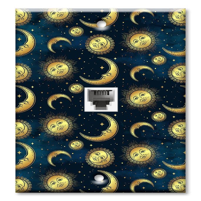 Art Plates - One Port RJ11 - Telephone decorative printed keystone style wall plate. CAT3 - RJ12 Female to Female phone jack. Works for phones, fax, ect. - Golden Moon and Suns