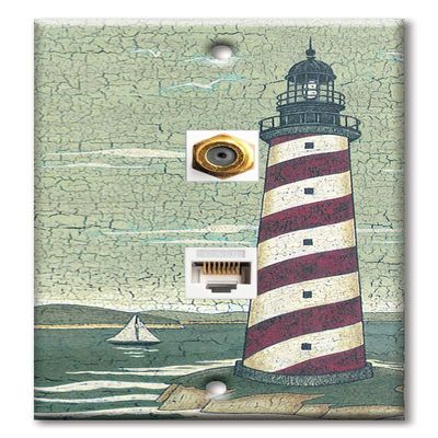Art Plates - Decorative Printed 2 Port Data Wall Plate, Coax Cable Connector with RJ45 (Cat5, Cat6, Cat7) Ethernet Connector, Gold-Plated - Cape Lighthouse