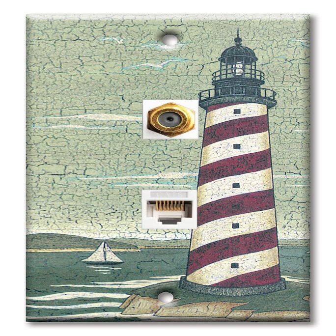 Art Plates - Decorative Printed 2 Port Data Wall Plate, Coax Cable Connector with RJ45 (Cat5, Cat6, Cat7) Ethernet Connector, Gold-Plated - Cape Lighthouse