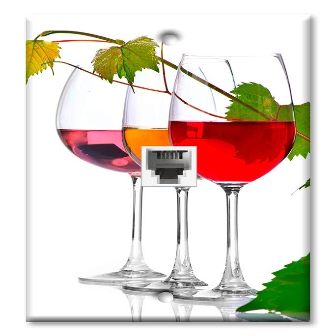 Art Plates - One Port RJ11 - Telephone decorative printed keystone style wall plate. CAT3 - RJ12 Female to Female phone jack. Works for phones, fax, ect. - Wine Glasses on White Background