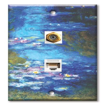 Art Plates - Decorative Printed 2 Port Data Wall Plate, RJ11 Telephone Jack Connector with RJ45 (Cat5, Cat6, Cat7) Ethernet Connector, Gold-Plated - Monet: Irises II