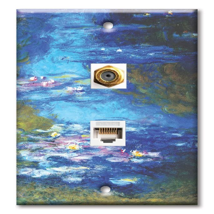 Art Plates - Decorative Printed 2 Port Data Wall Plate, RJ11 Telephone Jack Connector with RJ45 (Cat5, Cat6, Cat7) Ethernet Connector, Gold-Plated - Monet: Irises II