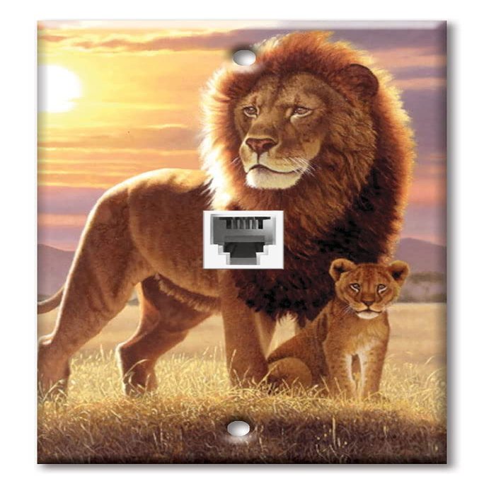 Art Plates - One Port RJ11 - Telephone decorative printed keystone style wall plate. CAT3 - RJ12 Female to Female phone jack. Works for phones, fax, ect. - Lion and Cub