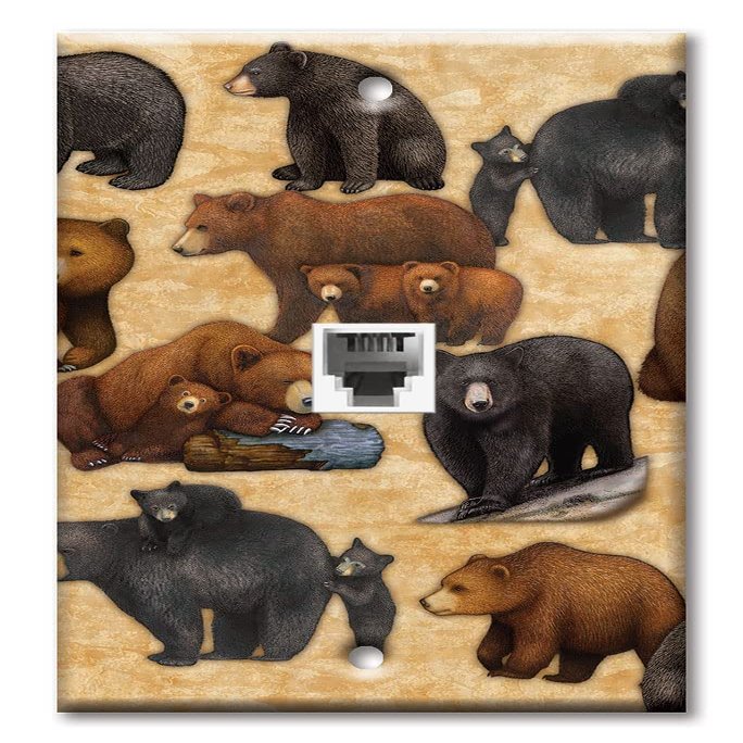 Art Plates - Decorative Printed 2 Port Data Wall Plate, RJ11 Telephone Jack Connector with RJ45 (Cat5, Cat6, Cat7) Ethernet Connector, Gold-Plated - Bears