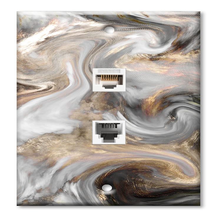 Art Plates - Decorative Printed 2 Port Data Wall Plate - RJ11 Telephone Jack Connector and RJ45 (Cat6) Ethernet Connector - Gold-Plated Contacts - Grey and Brown Swirl Marble - Granite Print