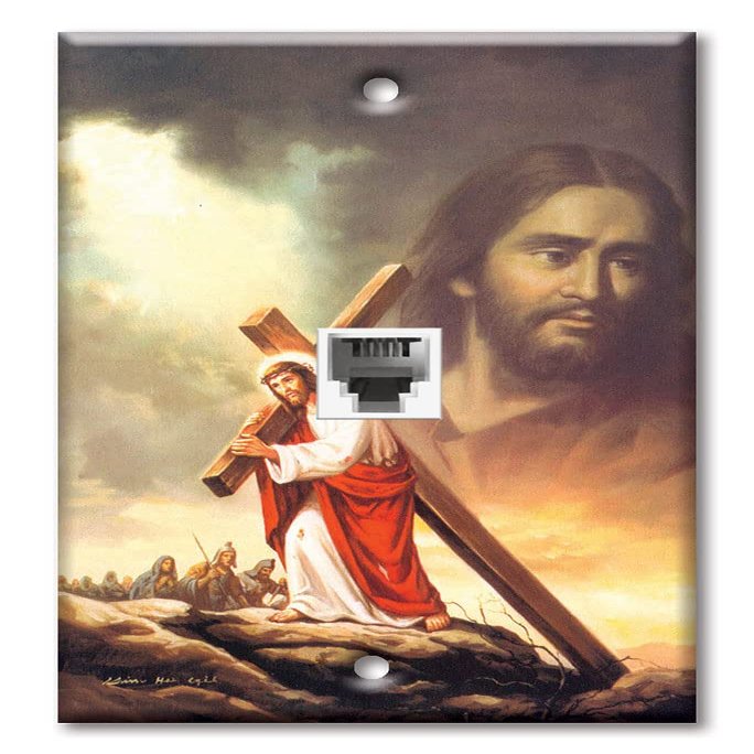 Art Plates - One Port RJ11 - Telephone decorative printed keystone style wall plate. CAT3 - RJ12 Female to Female phone jack. Works for phones, fax, ect. - Jesus Cross