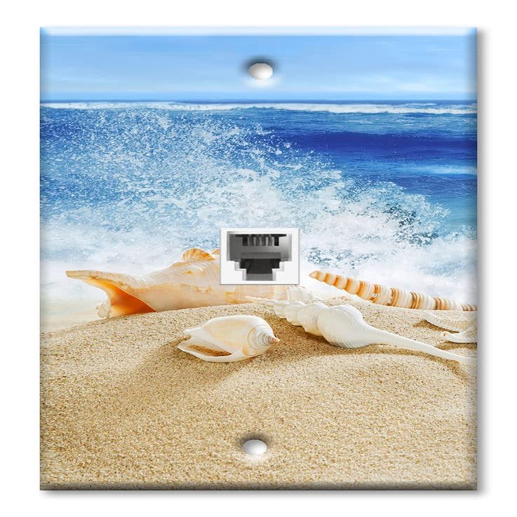Art Plates - One Port RJ11 - Telephone decorative printed keystone style wall plate. CAT3 - RJ12 Female to Female phone jack. Works for phones, fax, ect. - Sea Shells by the Ocean Waves Beach
