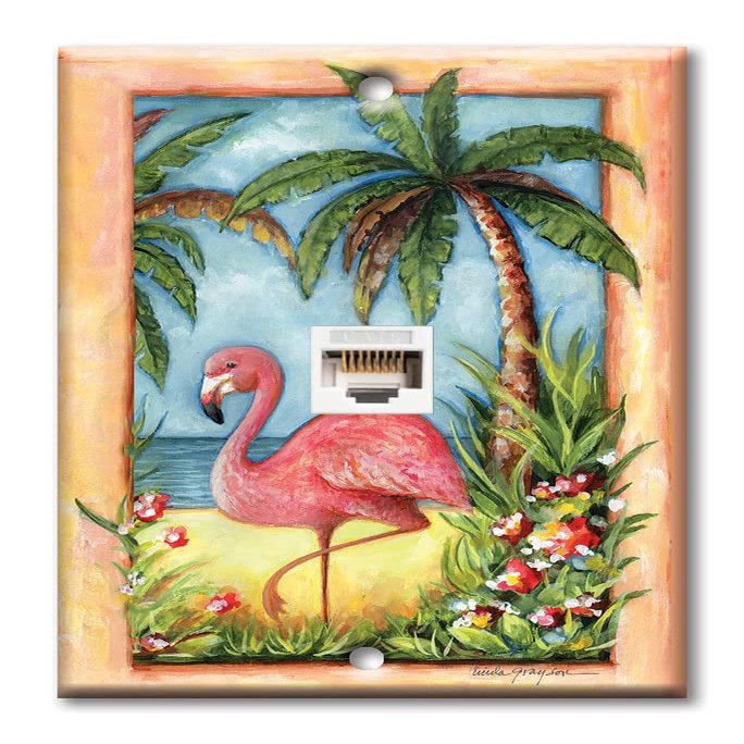 Art Plates - One Port RJ45 Ethernet decorative printed keystone style wall plate. Works with Cat5 through Cat8 cables. Female to Female Connection. - Flamingo