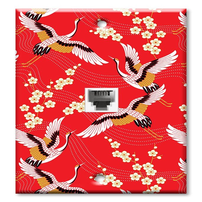 Art Plates - One Port RJ11 - Telephone decorative printed keystone style wall plate. CAT3 - RJ12 Female to Female phone jack. Works for phones, fax, ect. - Red, White and Gold Cranes