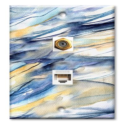 Art Plates - Decorative Printed 2 Port Data Wall Plate, RJ11 Telephone Jack Connector with RJ45 (Cat5, Cat6, Cat7) Ethernet Connector, Gold-Plated - Blue and Tan Watercolor