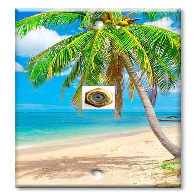 Art Plates - Decorative Printed 1 Port Coax Cable Wall Plate, 3GHz Coaxial Cable Connector, F-Type RG6 - RG59 Cable Extender Male to Male, Gold-Plated - Palm Tree on the Beach