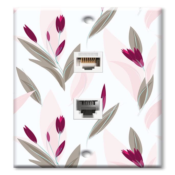 Art Plates - Decorative Printed 2 Port Data Wall Plate - RJ11 Telephone Jack Connector and RJ45 (Cat5, Cat6, Cat7) Ethernet Connector - Gold-Plated Contacts - Purple and Pink Flower Toss
