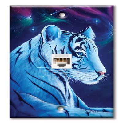 Art Plates - One Port RJ45 Ethernet decorative printed keystone style wall plate. Works with Cat5 through Cat8 cables. Female to Female Connection. - White Tiger