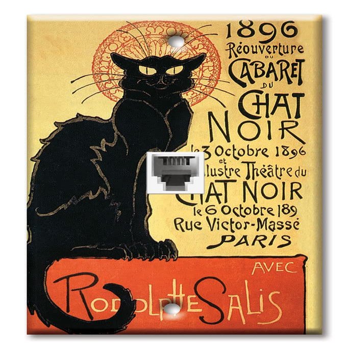 Art Plates - One Port RJ11 - Telephone decorative printed keystone style wall plate. CAT3 - RJ12 Female to Female phone jack. Works for phones, fax, ect. - Chat Noir (Black Cat)