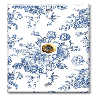 Art Plates - Decorative Printed 1 Port Coax Cable Wall Plate, 3GHz Coaxial Cable Connector, F-Type RG6 - RG59 Cable Extender Male to Male, Gold-Plated - Blue Flower Line Art