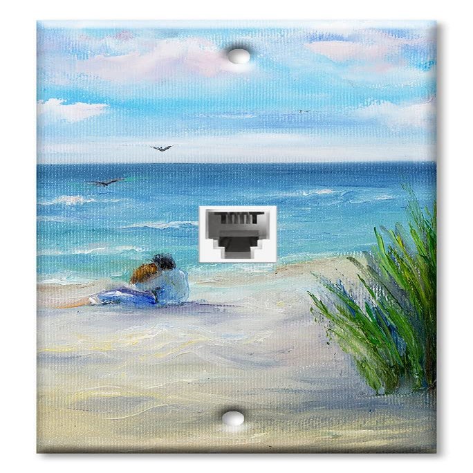 Art Plates - One Port RJ11 - Telephone decorative printed keystone style wall plate. CAT3 - RJ12 Female to Female phone jack. Works for phones, fax, ect. - Lovers on the Beach
