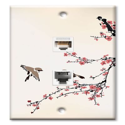 Art Plates - Decorative Printed 2 Port Data Wall Plate - RJ11 Telephone Jack Connector and RJ45 (Cat5, Cat6, Cat7) Ethernet Connector - Gold-Plated Contacts - Birds on a Cherry Blossom