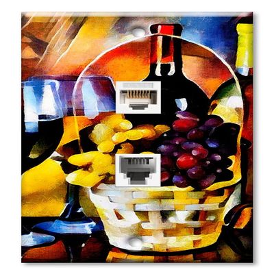 Art Plates - Decorative Printed 2 Port Data Wall Plate - RJ11 Telephone Jack Connector and RJ45 (Cat5, Cat6, Cat7) Ethernet Connector - Gold-Plated Contacts - Colorful Wine Basket