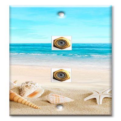 Art Plates - Decorative Printed 2 Port Coax Cable Wall Plate, 3GHz Coaxial Cable Connector, F-Type RG6 - RG59 Cable Extender Male to Male, Gold-Plated - Seashells on the Beach