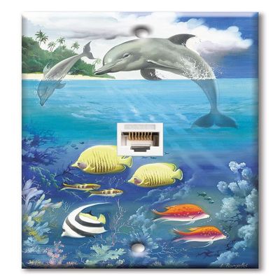 Art Plates - One Port RJ45 Ethernet decorative printed keystone style wall plate. Works with Cat5 through Cat8 cables. Female to Female Connection. - Dolphin and Fish