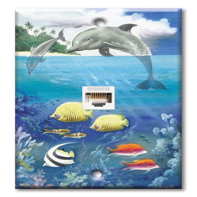 Art Plates - One Port RJ45 Ethernet decorative printed keystone style wall plate. Works with Cat5 through Cat8 cables. Female to Female Connection. - Dolphin and Fish