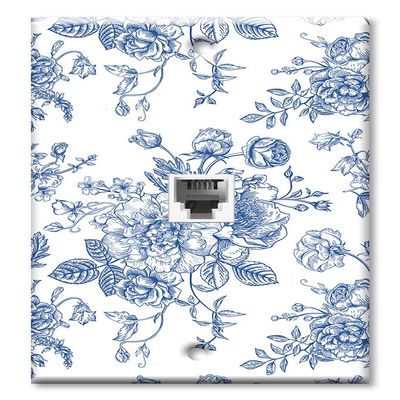 Art Plates - One Port RJ11 - Telephone decorative printed keystone style wall plate. CAT3 - RJ12 Female to Female phone jack. Works for phones, fax, ect. - Blue Flower Line Art