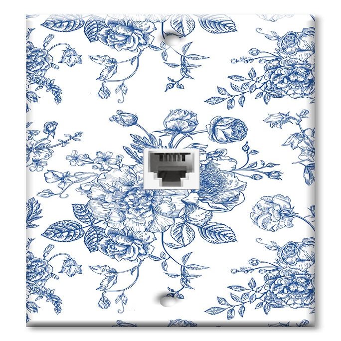 Art Plates - One Port RJ11 - Telephone decorative printed keystone style wall plate. CAT3 - RJ12 Female to Female phone jack. Works for phones, fax, ect. - Blue Flower Line Art