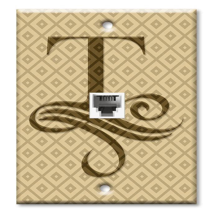 Art Plates - One Port RJ11 - Telephone decorative printed keystone style wall plate. CAT3 - RJ12 Female to Female phone jack. Works for phones, fax, ect. - Letter "T" Monogram