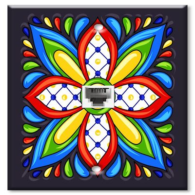 Art Plates - Decorative Printed 2 Port Data Wall Plate - RJ11 Telephone Jack Connector and RJ45 (Cat5, Cat6, Cat7) Ethernet Connector - Gold-Plated Contacts - Black Mexican Talavera Tile Print