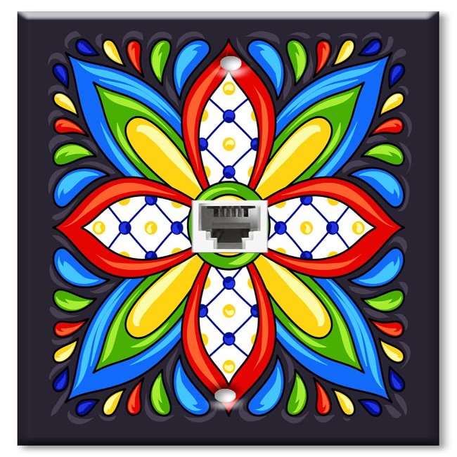 Art Plates - Decorative Printed 2 Port Data Wall Plate - RJ11 Telephone Jack Connector and RJ45 (Cat5, Cat6, Cat7) Ethernet Connector - Gold-Plated Contacts - Black Mexican Talavera Tile Print