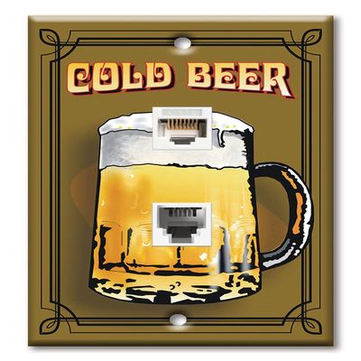 Art Plates - Decorative Printed 2 Port Data Wall Plate - RJ11 Telephone Jack Connector and RJ45 (Cat5, Cat6, Cat7) Ethernet Connector - Gold-Plated Contacts - Cold Beer