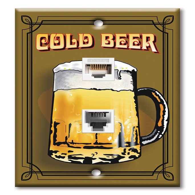 Art Plates - Decorative Printed 2 Port Data Wall Plate - RJ11 Telephone Jack Connector and RJ45 (Cat5, Cat6, Cat7) Ethernet Connector - Gold-Plated Contacts - Cold Beer
