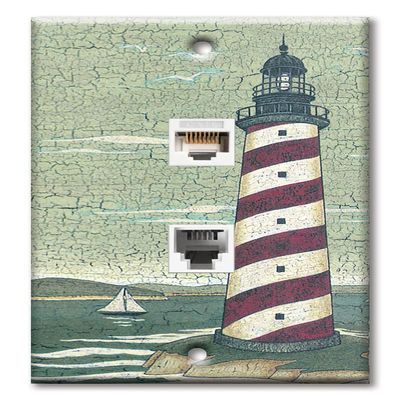 Art Plates - Decorative Printed 2 Port Data Wall Plate - RJ11 Telephone Jack Connector and RJ45 (Cat5, Cat6, Cat7) Ethernet Connector - Gold-Plated Contacts - Cape Lighthouse