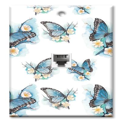 Art Plates - One Port RJ11 - Telephone decorative printed keystone style wall plate. CAT3 - RJ12 Female to Female phone jack. Works for phones, fax, ect. - Blue Butterflies on White Flowers