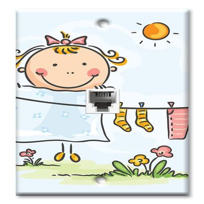 Art Plates - One Port RJ11 - Telephone decorative printed keystone style wall plate. CAT3 - RJ12 Female to Female phone jack. Works for phones, fax, ect. - Kid doing Laundry