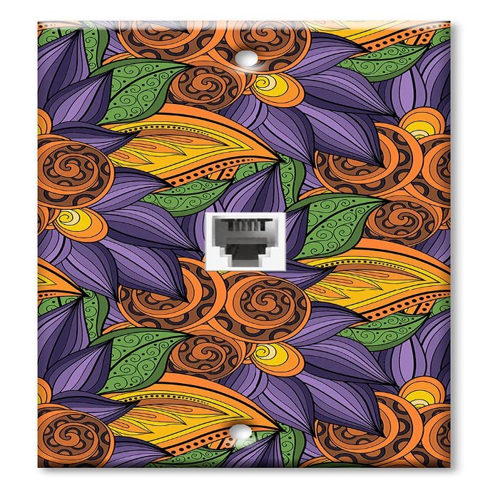Art Plates - One Port RJ11 - Telephone decorative printed keystone style wall plate. CAT3 - RJ12 Female to Female phone jack. Works for phones, fax, ect. - Orange and Purple Floral Toss