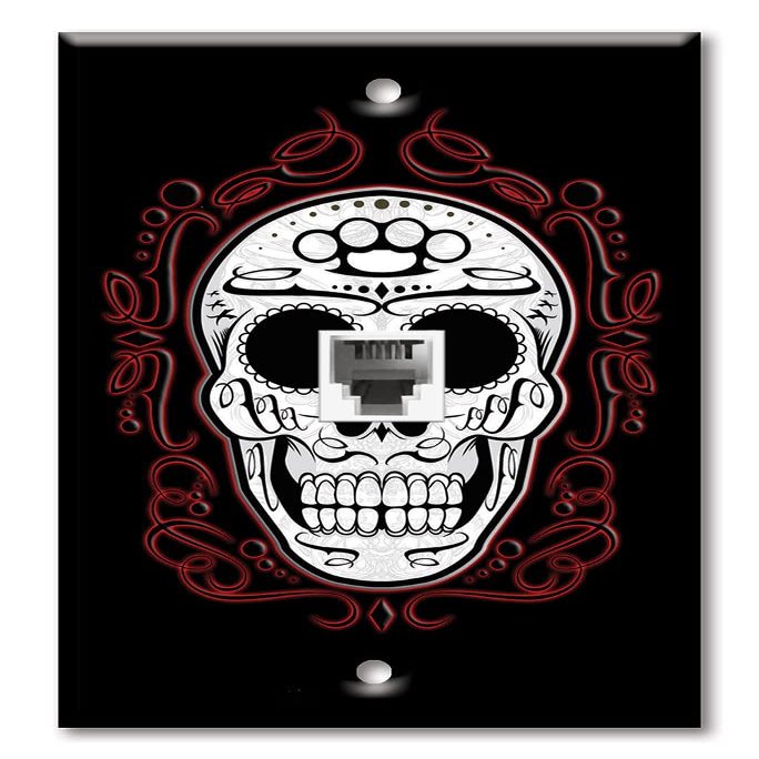 Art Plates - One Port RJ11 - Telephone decorative printed keystone style wall plate. CAT3 - RJ12 Female to Female phone jack. Works for phones, fax, ect. - Fancy Skull