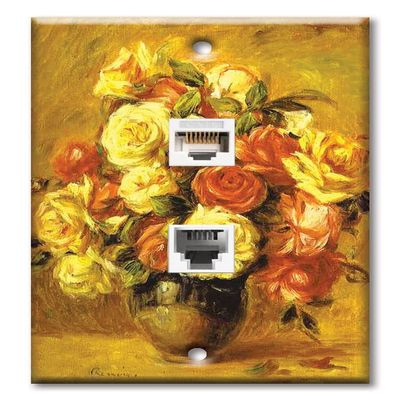 Art Plates - Decorative Printed 2 Port Data Wall Plate - RJ11 Telephone Jack Connector and RJ45 (Cat5, Cat6, Cat7) Ethernet Connector - Gold-Plated Contacts - Bouquet de Roses