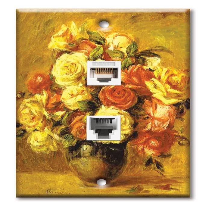 Art Plates - Decorative Printed 2 Port Data Wall Plate - RJ11 Telephone Jack Connector and RJ45 (Cat5, Cat6, Cat7) Ethernet Connector - Gold-Plated Contacts - Bouquet de Roses