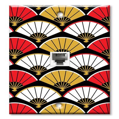 Art Plates - One Port RJ11 - Telephone decorative printed keystone style wall plate. CAT3 - RJ12 Female to Female phone jack. Works for phones, fax, ect. - Red, White and Gold Fans