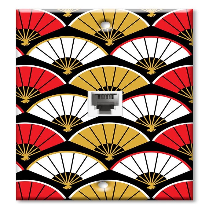Art Plates - One Port RJ11 - Telephone decorative printed keystone style wall plate. CAT3 - RJ12 Female to Female phone jack. Works for phones, fax, ect. - Red, White and Gold Fans
