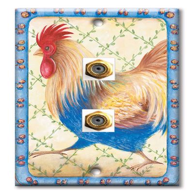 Art Plates - Decorative Printed 2 Port Coax Cable Wall Plate, 3GHz Coaxial Cable Connector, F-Type RG6 - RG59 Cable Extender Male to Male, Gold-Plated - Running Rooster