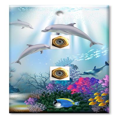 Art Plates - Decorative Printed 2 Port Coax Cable Wall Plate, 3GHz Coaxial Cable Connector, F-Type RG6 - RG59 Cable Extender Male to Male, Gold-Plated - Dolphins