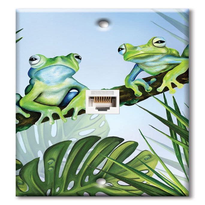 Art Plates - One Port RJ45 Ethernet decorative printed keystone style wall plate. Works with Cat5 through Cat8 cables. Female to Female Connection. - Green Frogs