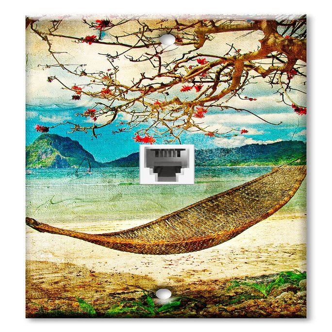 Art Plates - One Port RJ11 - Telephone decorative printed keystone style wall plate. CAT3 - RJ12 Female to Female phone jack. Works for phones, fax, ect. - Hammock by the Beach