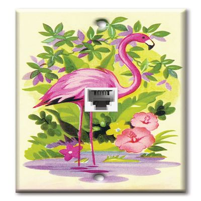 Art Plates - Decorative Printed 2 Port Data Wall Plate, F-Type Coaxial Cable Connector with RJ11 Telephone Connector, Gold-Plated - Pink Flamingo