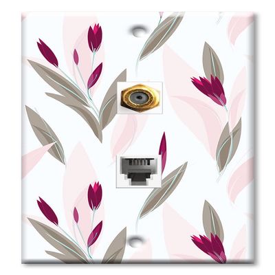 Art Plates - Decorative Printed 2 Port Data Wall Plate, F-Type Coaxial Cable Connector with RJ11 Telephone Connector, Gold-Plated - Purple and Pink Flower Toss