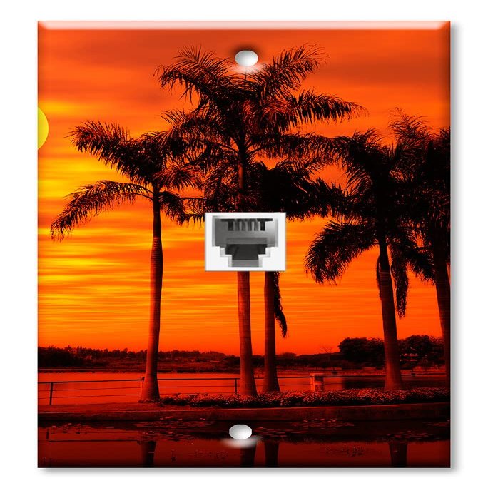 Art Plates - One Port RJ11 - Telephone decorative printed keystone style wall plate. CAT3 - RJ12 Female to Female phone jack. Works for phones, fax, ect. - Orange Sunset on the Beach