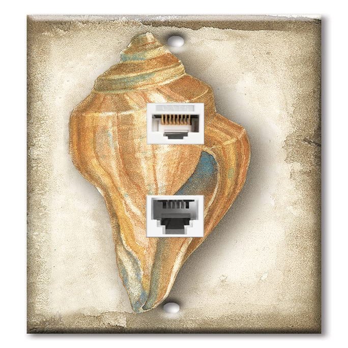 Art Plates - Decorative Printed 2 Port Data Wall Plate - RJ11 Telephone Jack Connector and RJ45 (Cat5, Cat6, Cat7) Ethernet Connector - Gold-Plated Contacts - Sea Shell